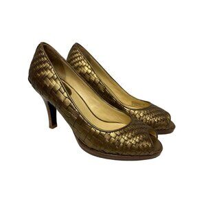 Cole Haan Gold Bronze Woven Heels Peep Toe Pumps Genevieve Shoes Women's Size 5